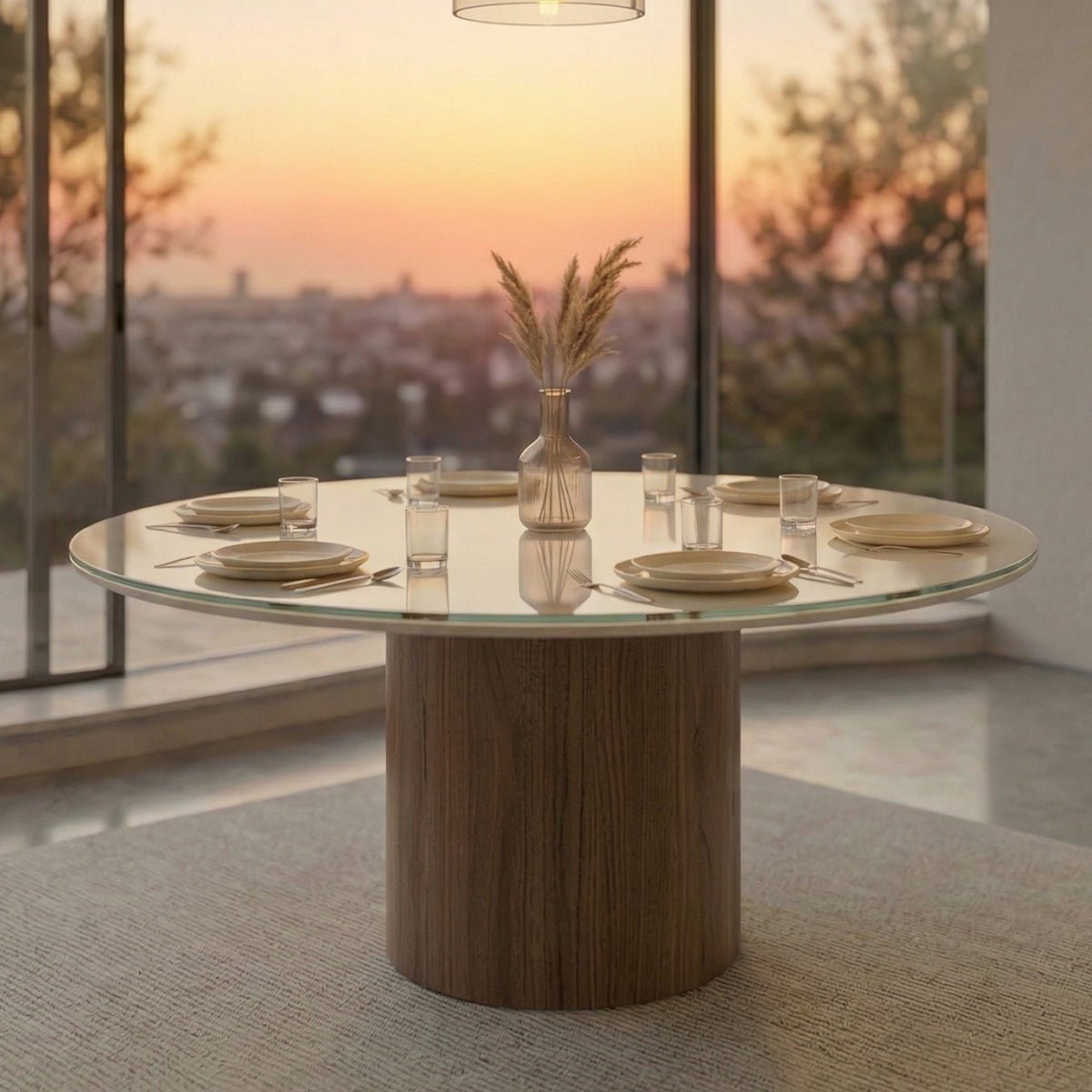 Mesa de Jantar Redonda com Vidro para 6 Lugares Kalina 135cm Off - White Fosco com Canella - Província - Mesa de jantar