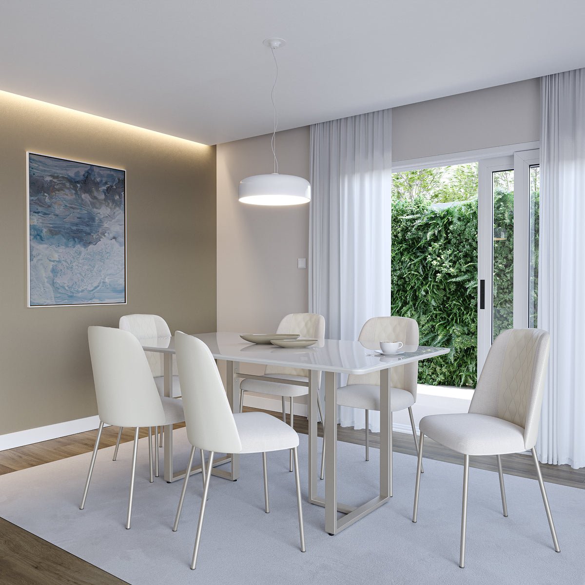 Mesa de Jantar Retangular com Vidro para 6 Lugares Arcádia 160cm Off - White Fosco com Champanhe - Província - Mesa de jantar