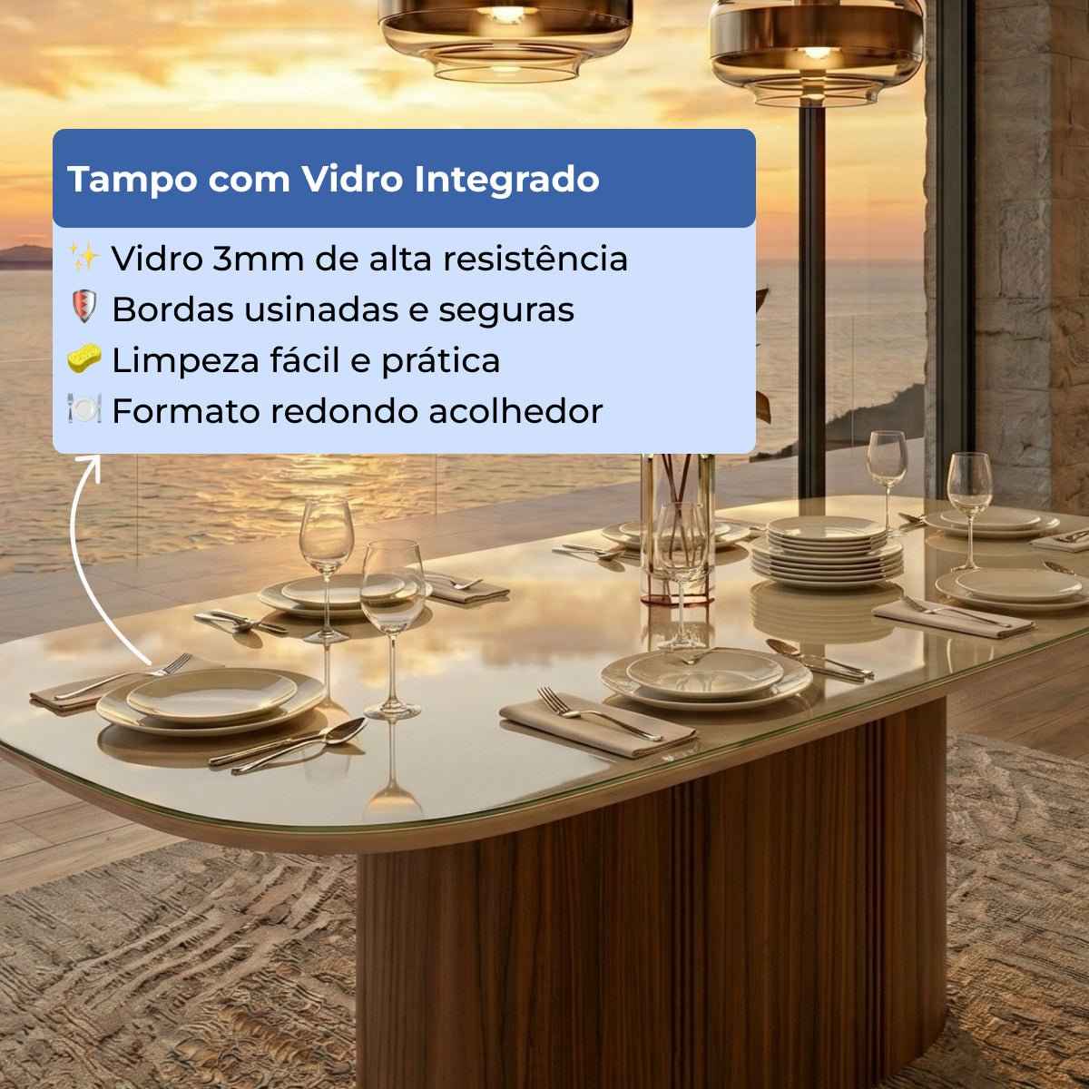 Mesa de Jantar Retangular com Vidro para 6 Lugares Kalina 184cm