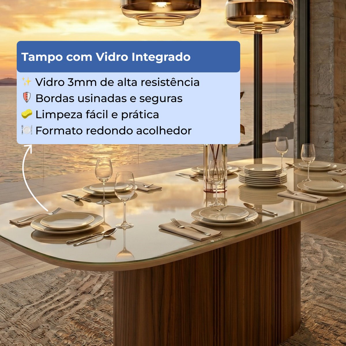 Mesa de Jantar Retangular com Vidro para 6 Lugares Kalina 184cm Off - White Fosco com Canella - Província - Mesa de jantar