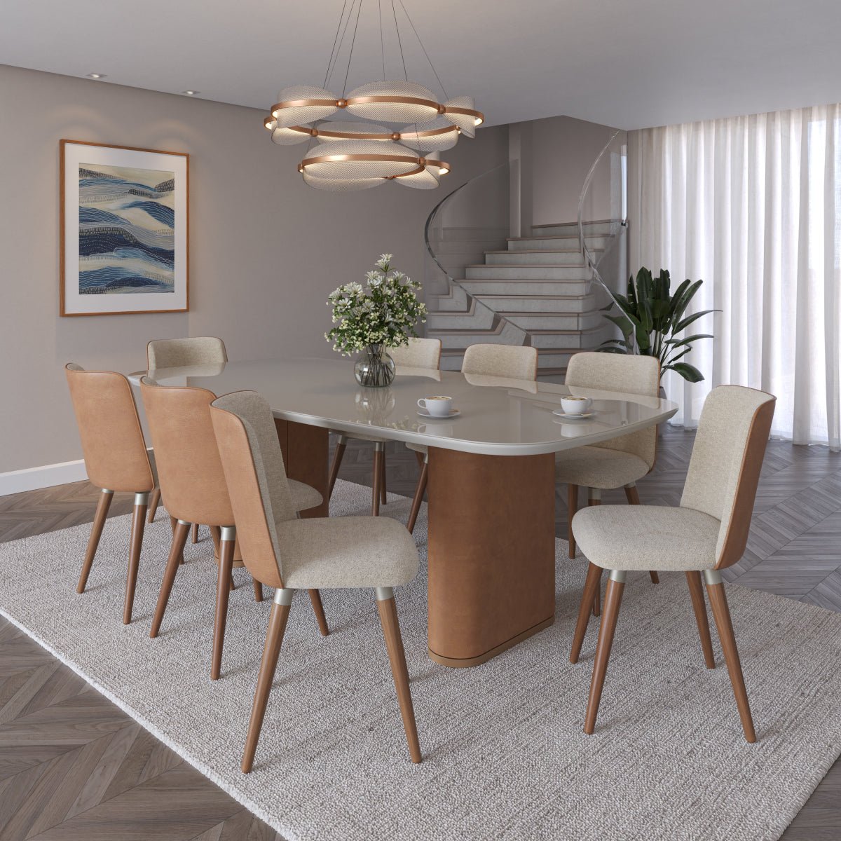 Mesa de Jantar Retangular com Vidro para 6 Lugares Lintz 184cm Off White Fosco com PU Caramelo e Canella - Província - Mesa de jantar