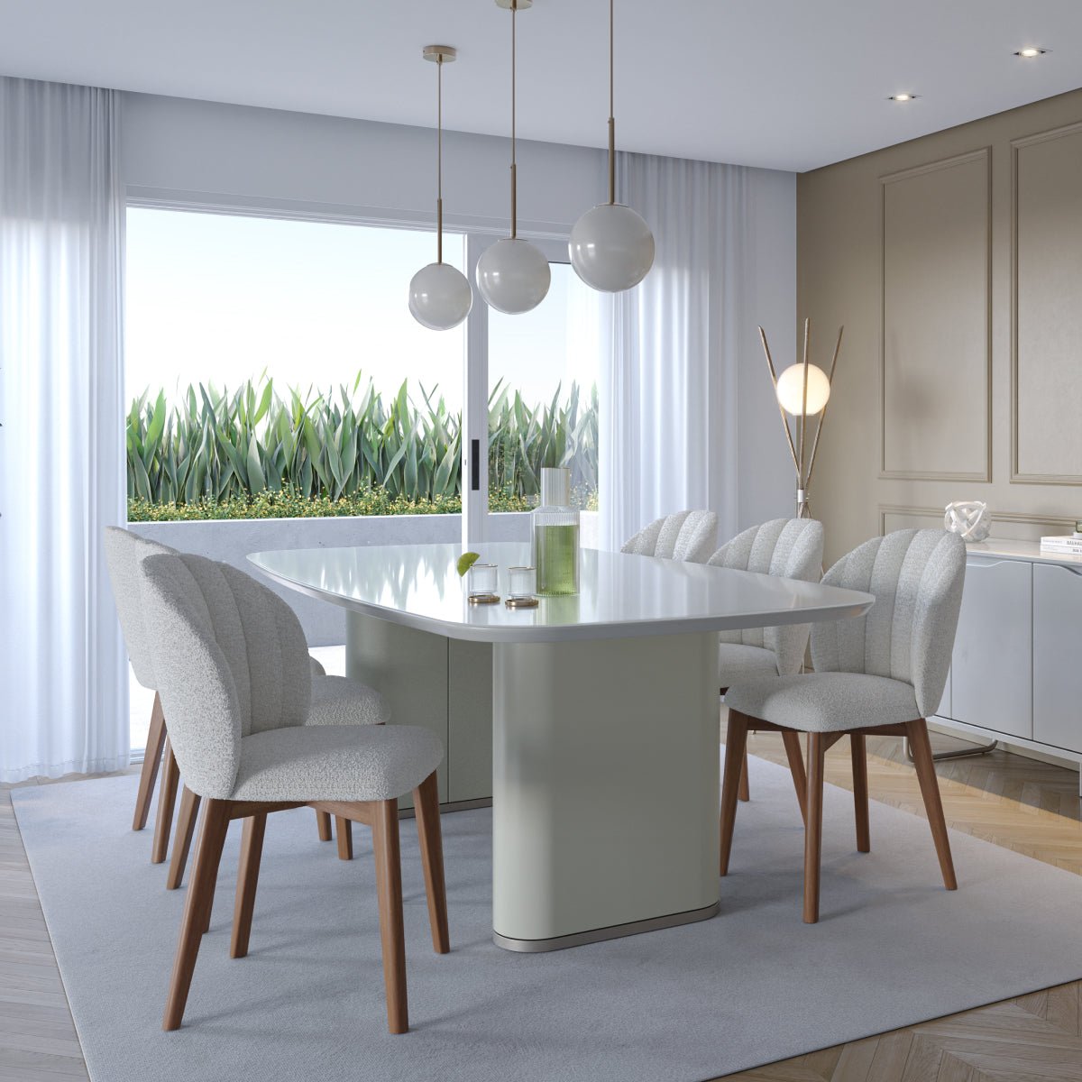 Mesa de Jantar Retangular com Vidro para 6 Lugares Lintz 184cm Off White Fosco com PU Off - White e Champanhe - Província - Mesa de jantar