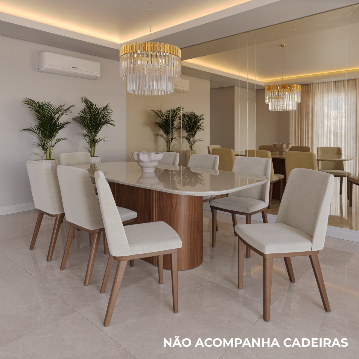 Mesa de Jantar Retangular com Vidro para 8 Lugares Kalina 220cm Off - White Fosco com Canella - Província - Mesa de jantar