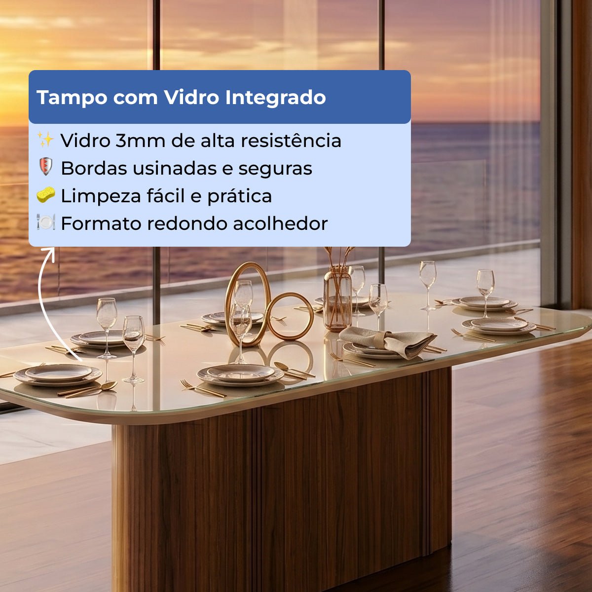 Mesa de Jantar Retangular com Vidro para 8 Lugares Kalina 220cm Off - White Fosco com Canella - Província - Mesa de jantar