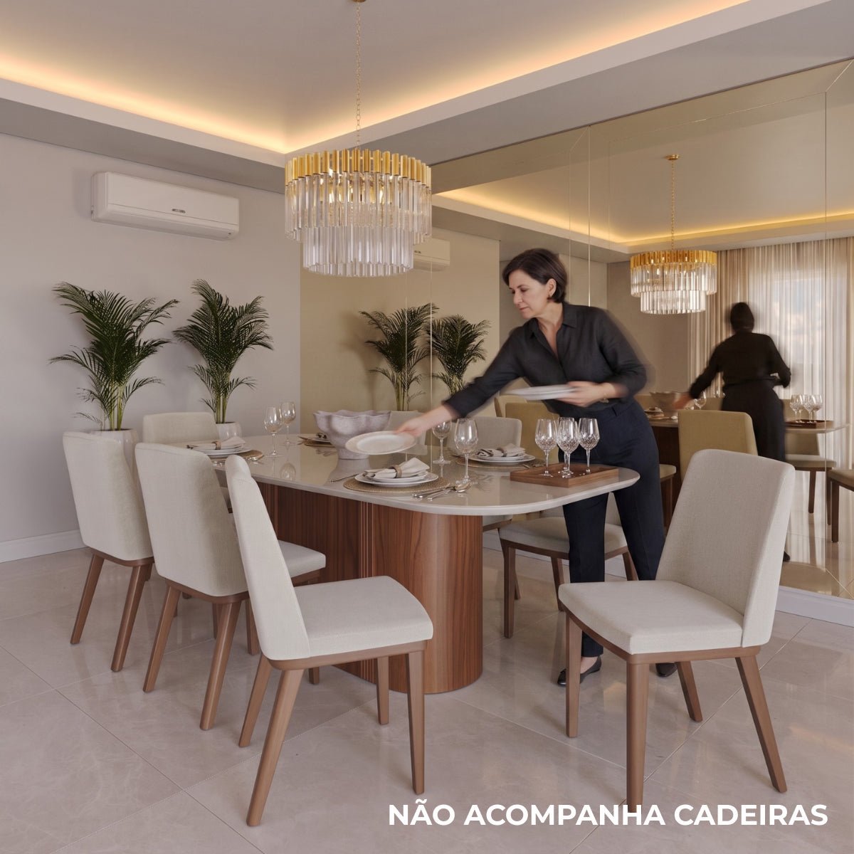 Mesa de Jantar Retangular com Vidro para 8 Lugares Kalina 220cm Off - White Fosco com Canella - Província - Mesa de jantar