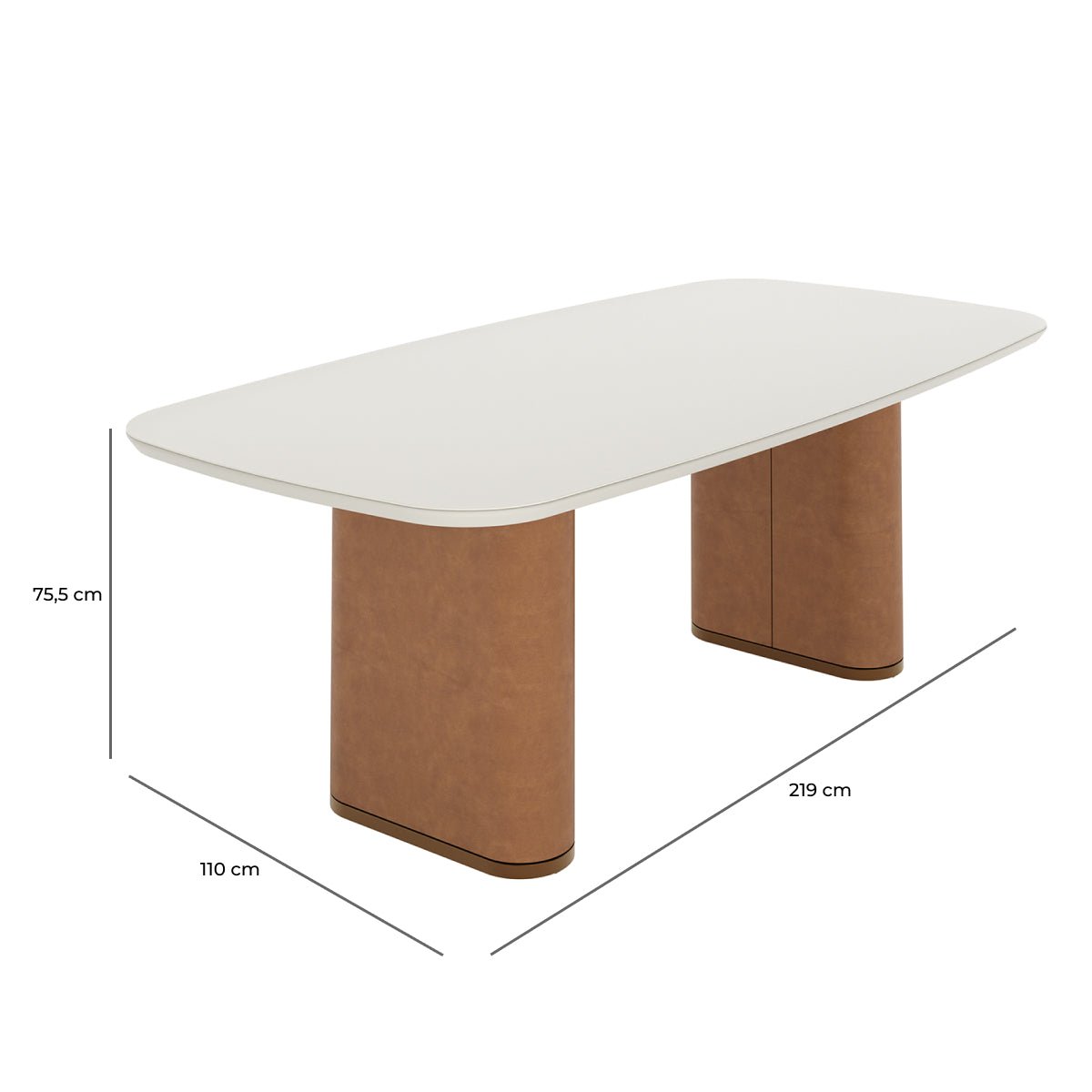 Mesa de Jantar Retangular com Vidro para 8 Lugares Lintz 219cm Off White Fosco com PU Caramelo e Canella - Província - Mesa de jantar