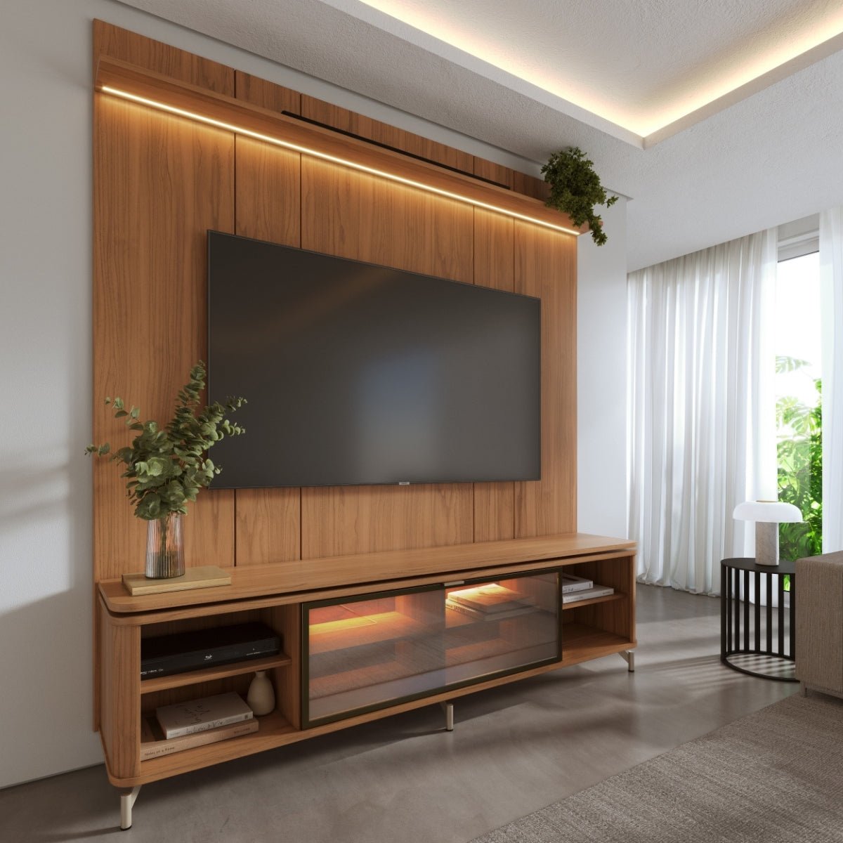 Rack com Painel para TV até 75 Polegadas Vidro Reflecta 100% MDF com Led Lincoln Float 215cm - Província - Rack com painel