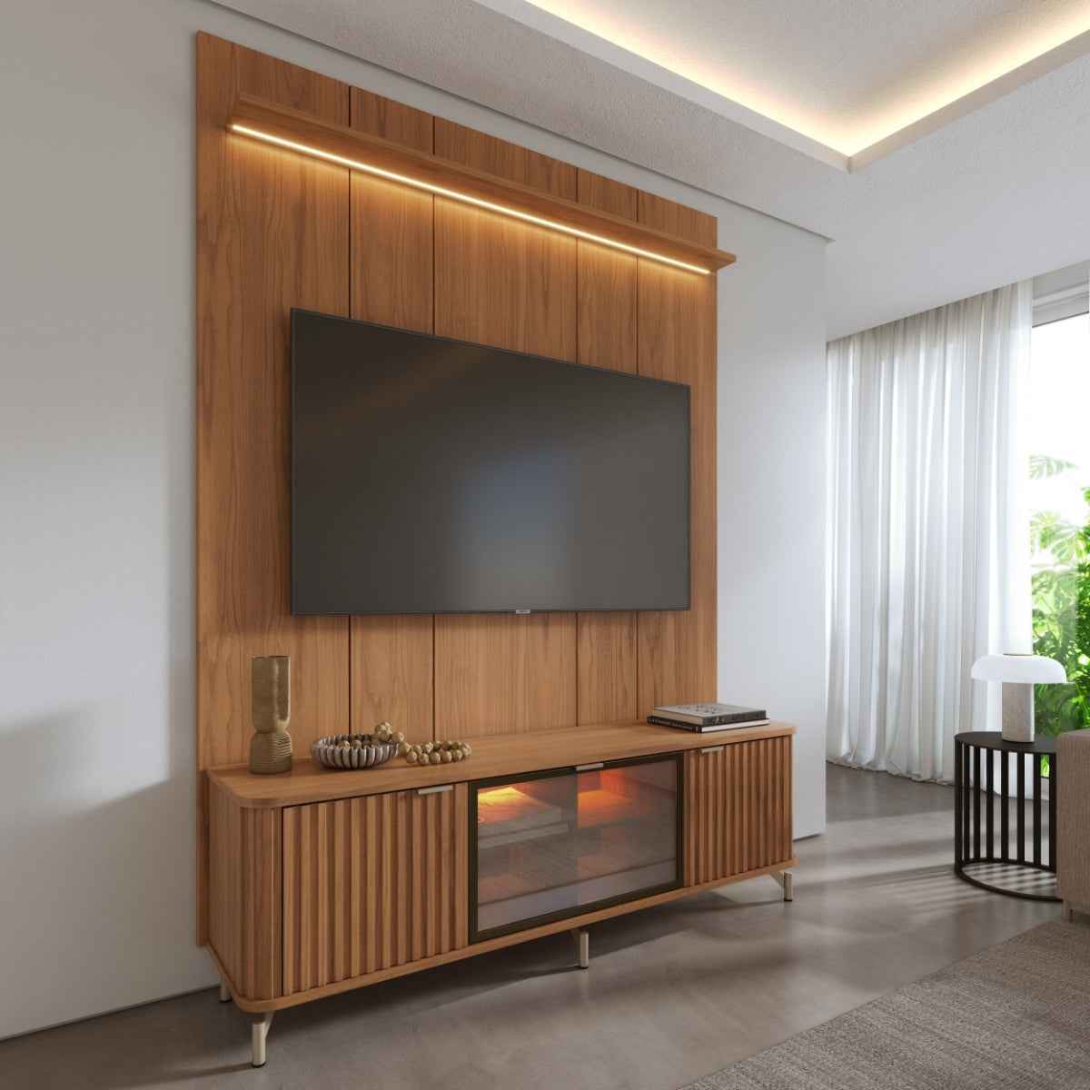 Rack com Painel para TV até 75 Polegadas Vidro Reflecta 100% MDF com Led Neon Float 178cm - Província - Rack com painel