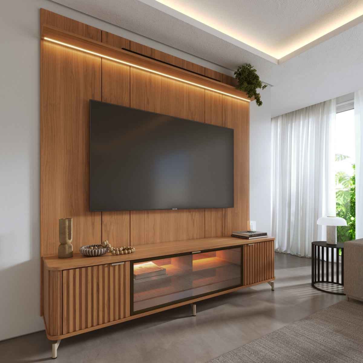 Rack com Painel para TV até 75 Polegadas Vidro Reflecta 100% MDF com Led Neon Float 215cm - Província - Rack com painel