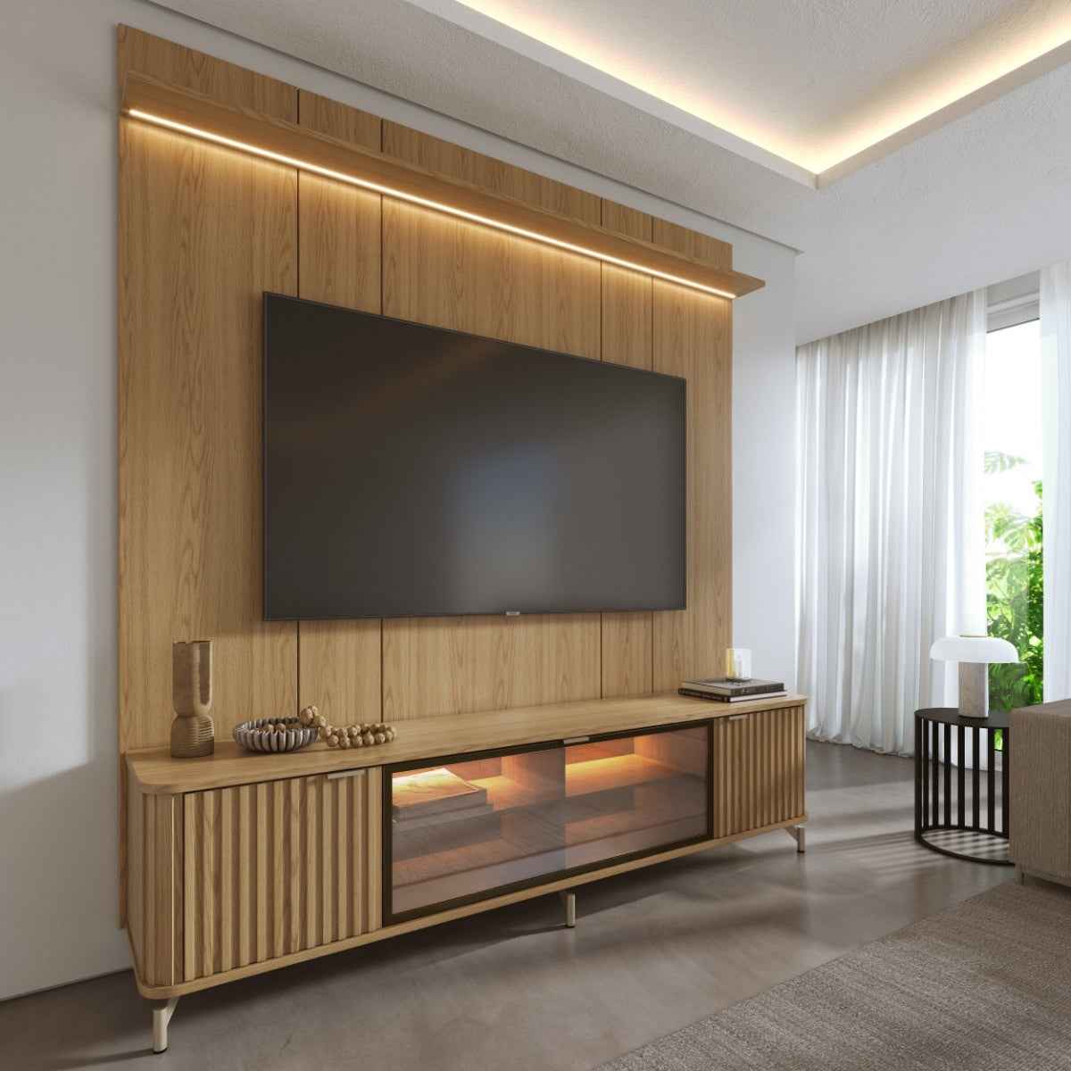 Rack com Painel para TV até 75 Polegadas Vidro Reflecta 100% MDF com Led Neon Float 215cm - Província - Rack com painel