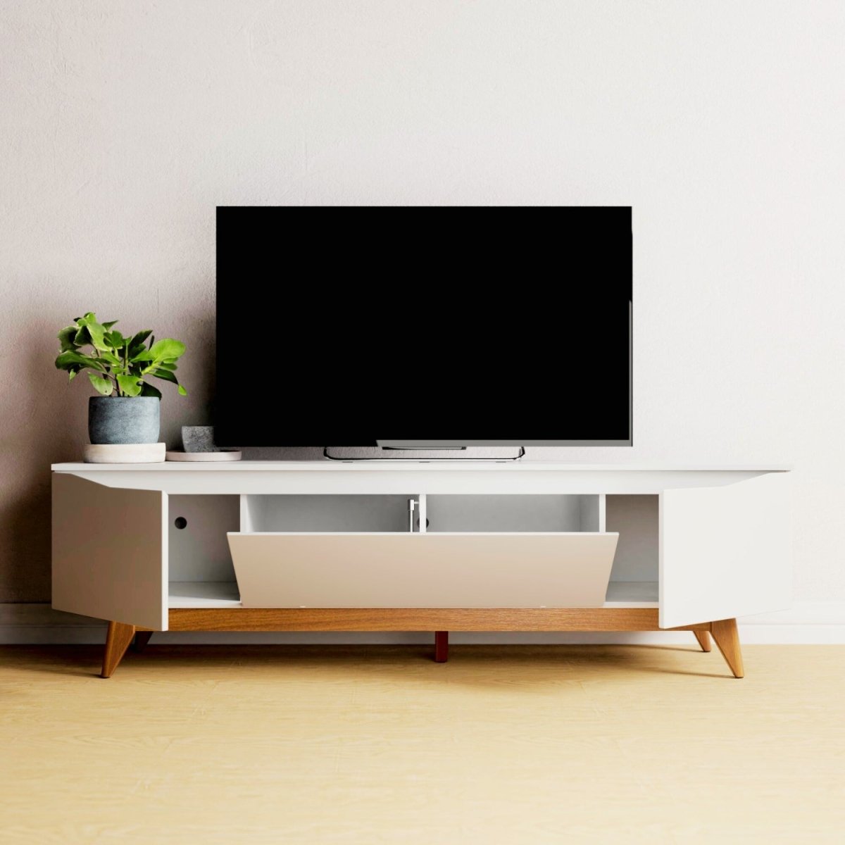 Rack Flynt para TVs até 75 Polegadas 3 Portas 184cm Branco Fosco com Natural - Província - Rack