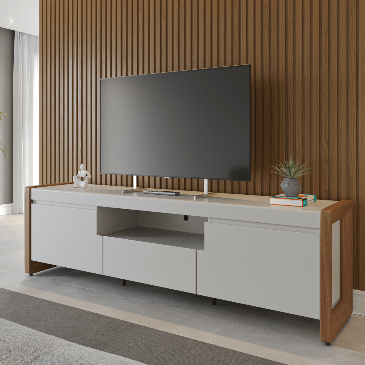 Rack para TVs até 75 Polegadas Bristol 225 cm Off White com Natural - Província - Rack