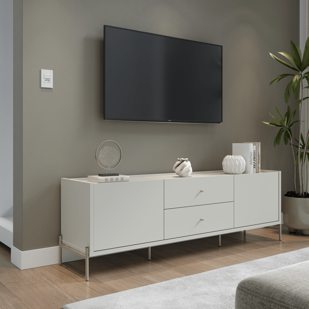 Rack para TVs até 75 Polegadas Jasper 185 cm Off White Fosco com Champanhe - Província - Rack