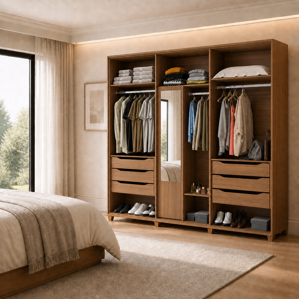 Guarda Roupa Casal 6 portas 100% MDF com Espelho Interno Rockford 274cm Canella com Off-White Fosco