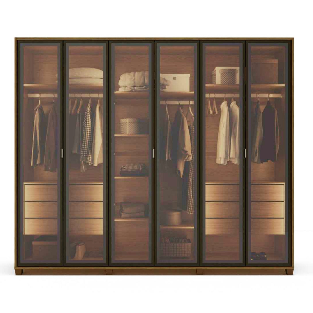 Guarda Roupa Casal 6 Portas Reflecta com Led 100% MDF Speculum 274cm Carvalho