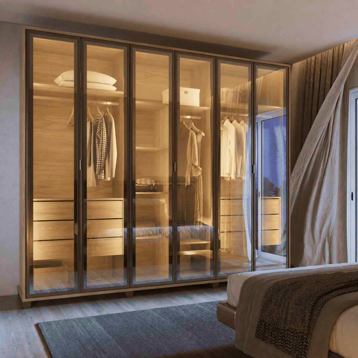 Guarda Roupa Casal 6 Portas Reflecta com Led 100% MDF Speculum 274cm Carvalho